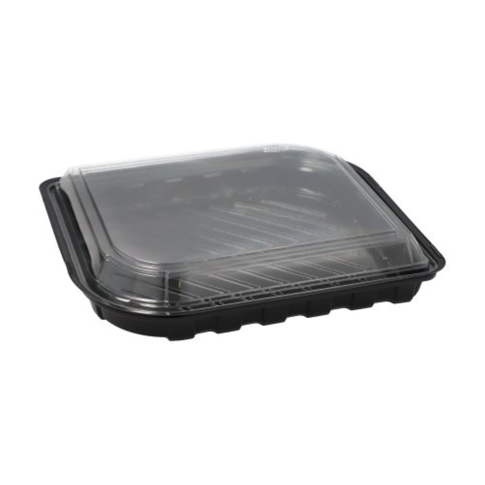 50 Sushi-Schalen R-PET rechteckig 21 cm x 18 cm x 4,3 cm schwarz mit transparentem Deckel