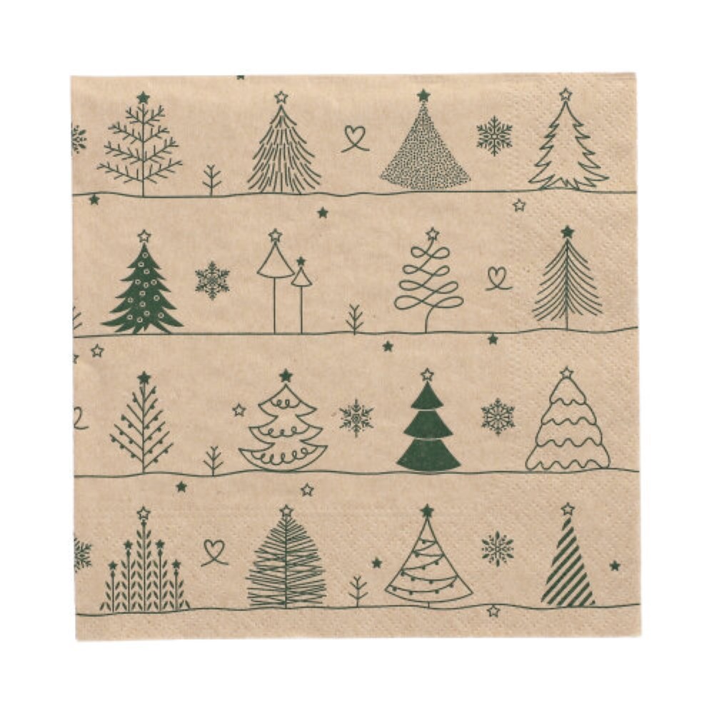 20 Servietten, 3-lagig 1/4-Falz 33 cm x 33 cm natur "Various X-Mas Trees" aus recyceltem Papier