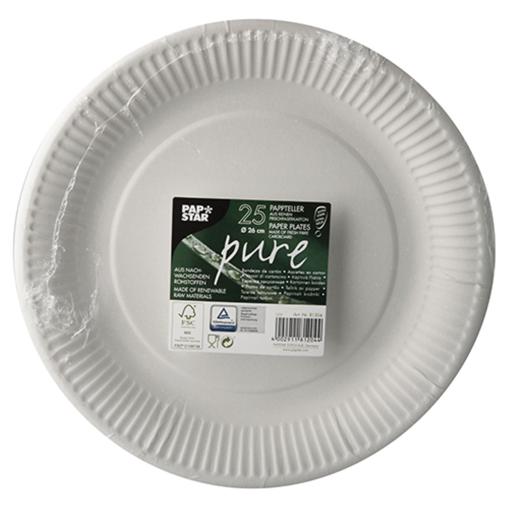 25 Teller, Pappe "pure" rund Ø 26 cm weiss extra stark