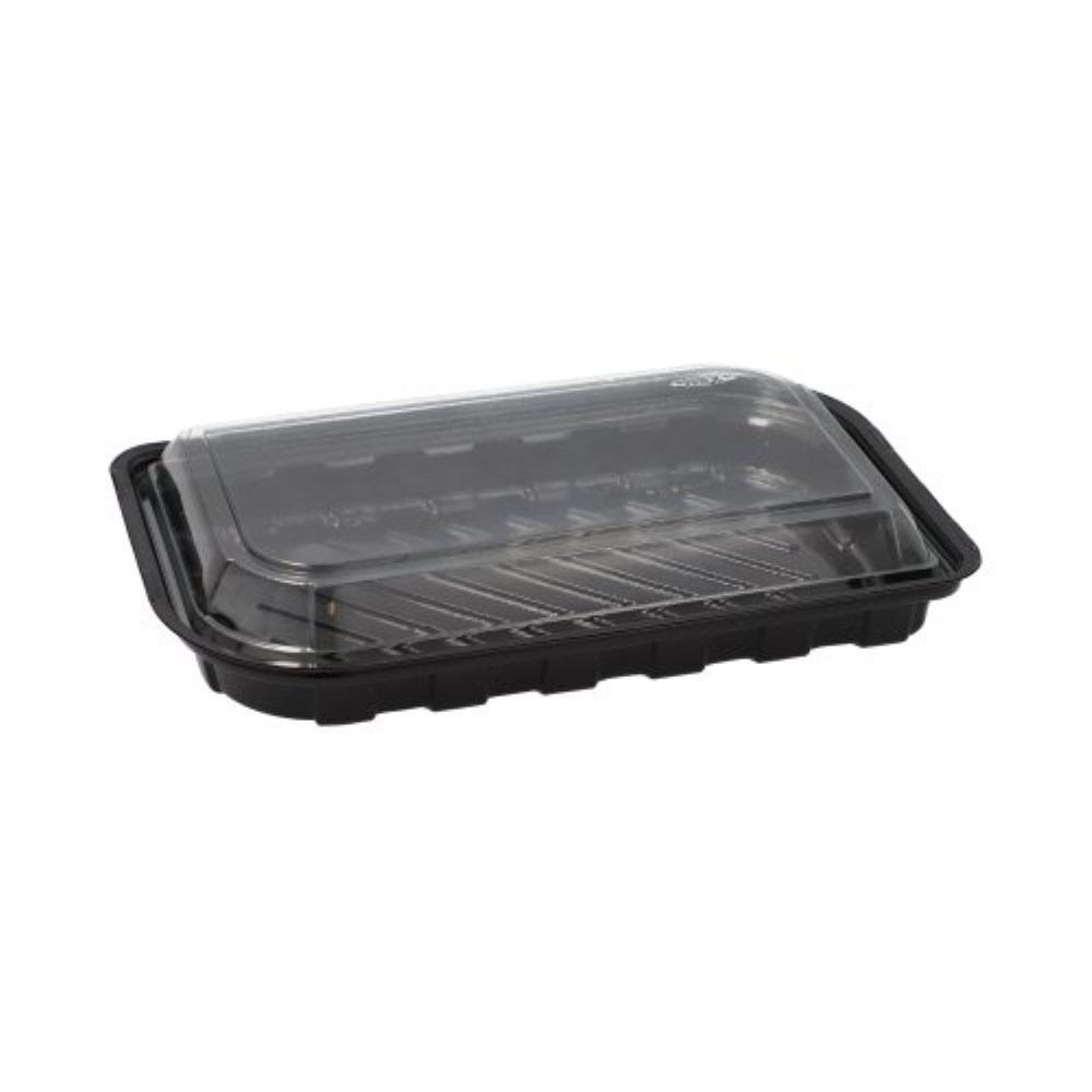 50 Sushi-Schalen R-PET rechteckig 21 cm x 13 cm x 4,3 cm schwarz mit transparentem Deckel