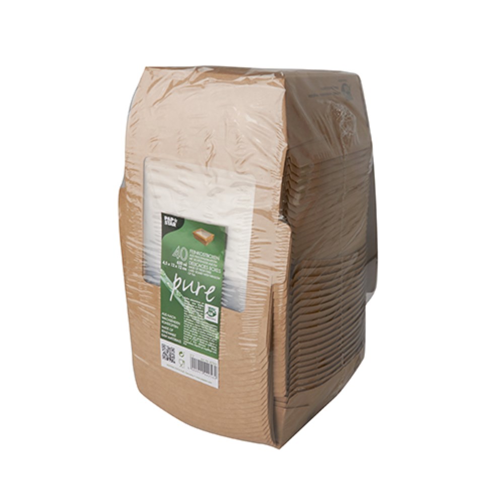 40 Feinkostboxen Pappe "pure" eckig 650 ml 4,5 cm x 12 cm x 12 cm braun "100% Fair"