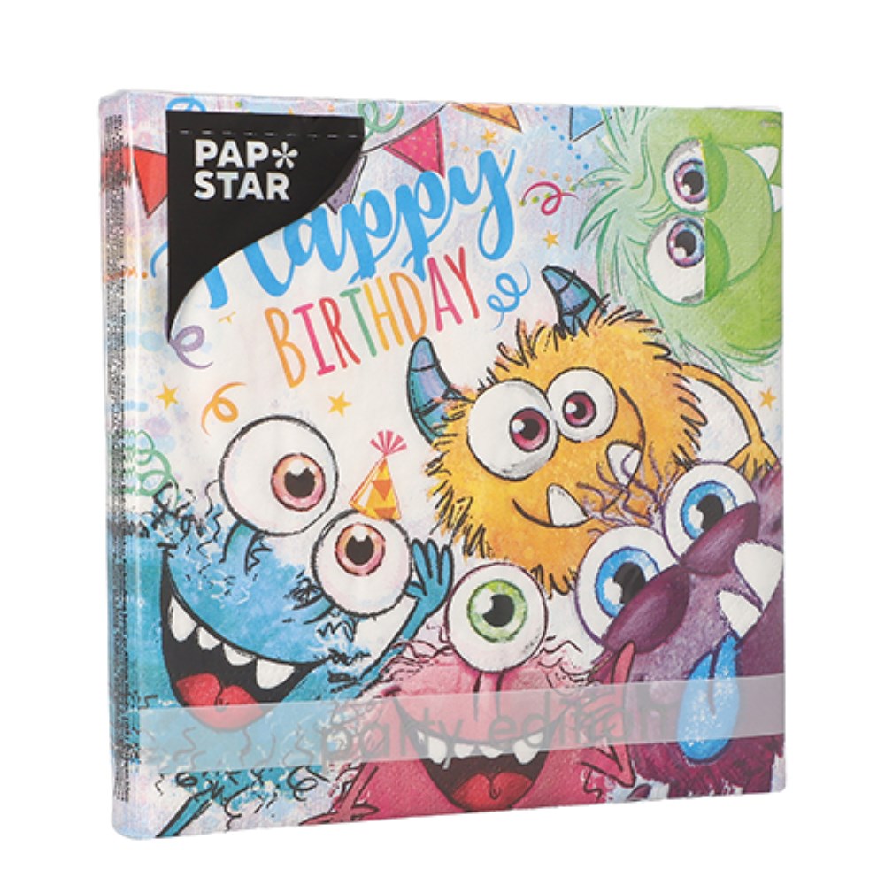 20 Servietten, 3-lagig 1/4-Falz 33 cm x 33 cm "Funny Monsters"