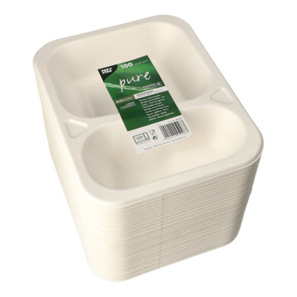 100 Siegelschalen Zuckerrohr 2-geteilt 725 ml 4,2 cm x 18,5 cm x 23,5 cm weiss