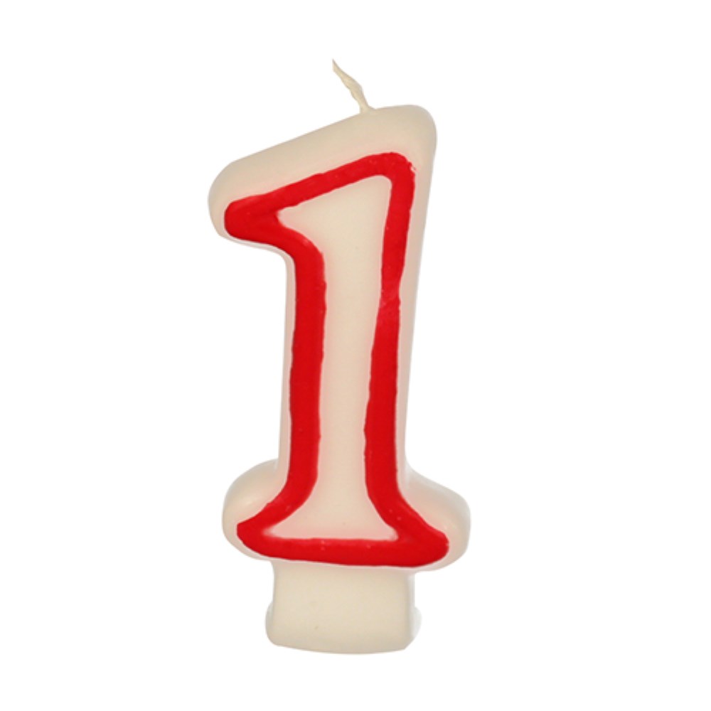Zahlenkerze 7,3 cm weiss "1" mit rotem Rand
