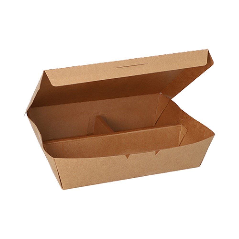 25 Lunchboxen, Pappe 3-geteilt 600 ml 5 cm x 14,8 cm x 18,3 cm braun