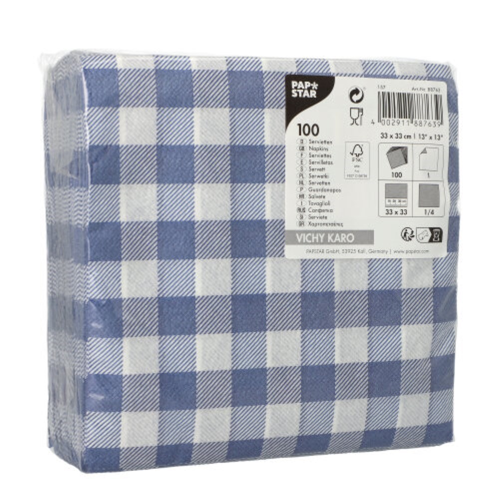 100 Servietten, 1-lagig 1/4-Falz 33 cm x 33 cm blau/weiss "Vichy Karo"