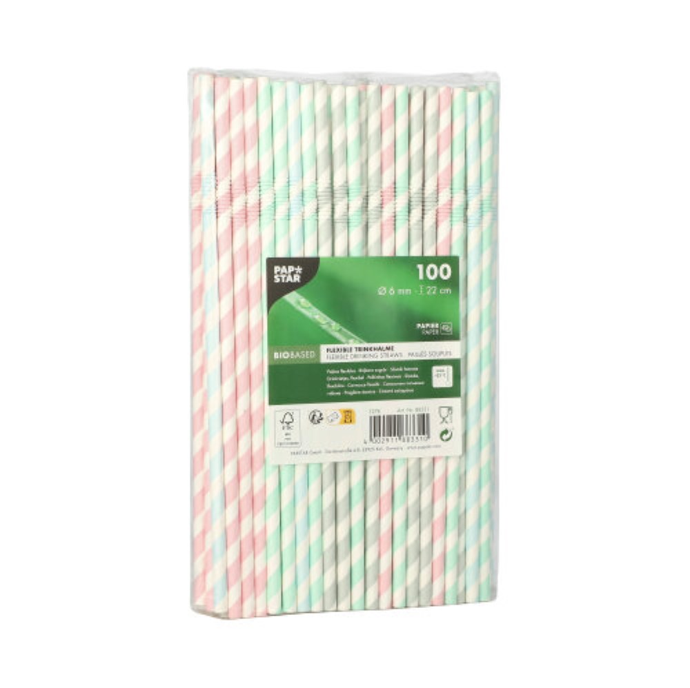 100 Trinkhalme, Papier Ø 6 mm · 22 cm farbig sortiert "Stripes" flexibel