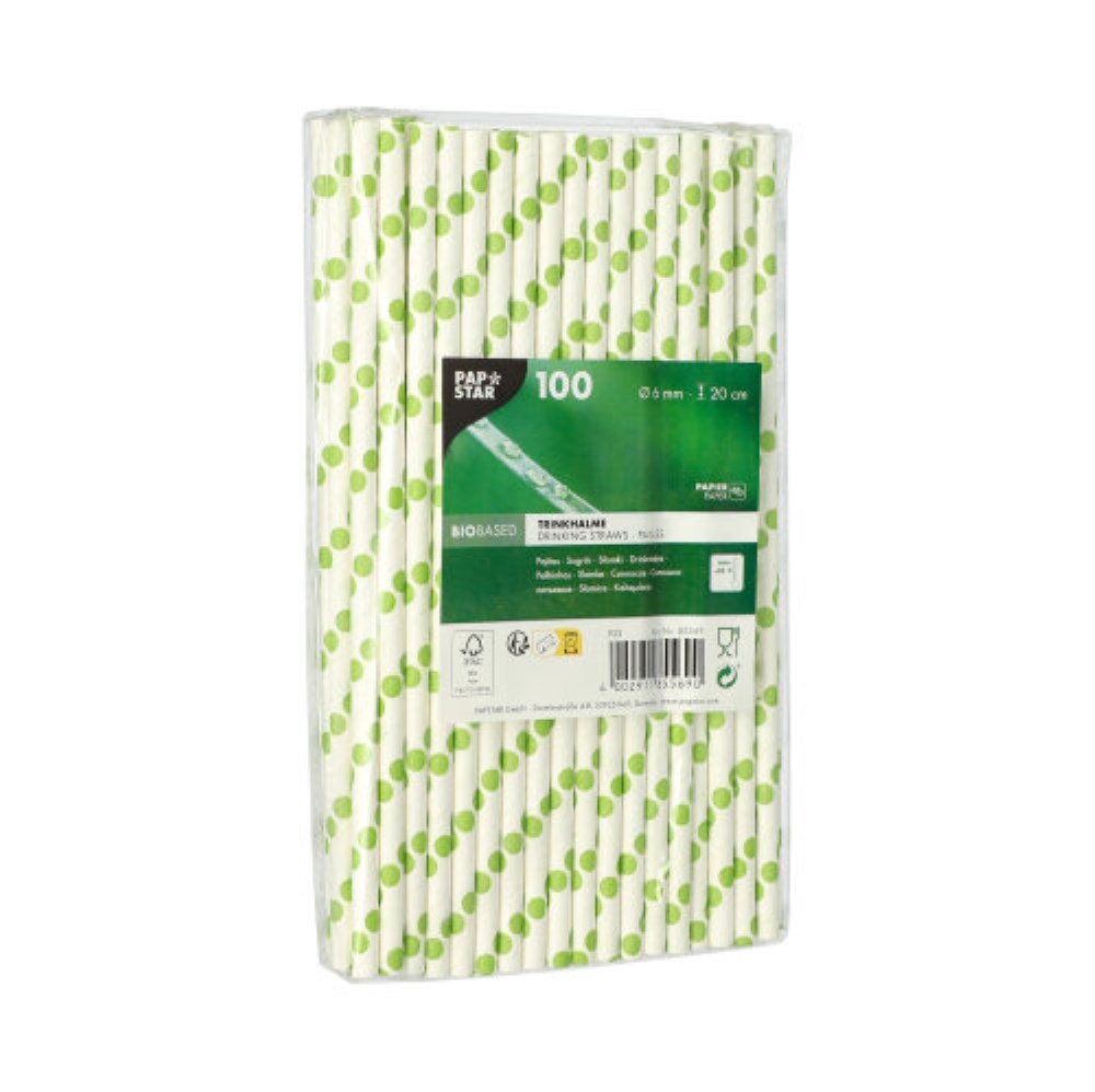 100 Trinkhalme, Papier Ø 6 mm · 20 cm "green Dots"