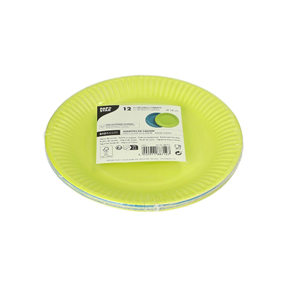 12 Teller, Pappe rund Ø 18 cm farbig sortiert - limonengrün/türkis