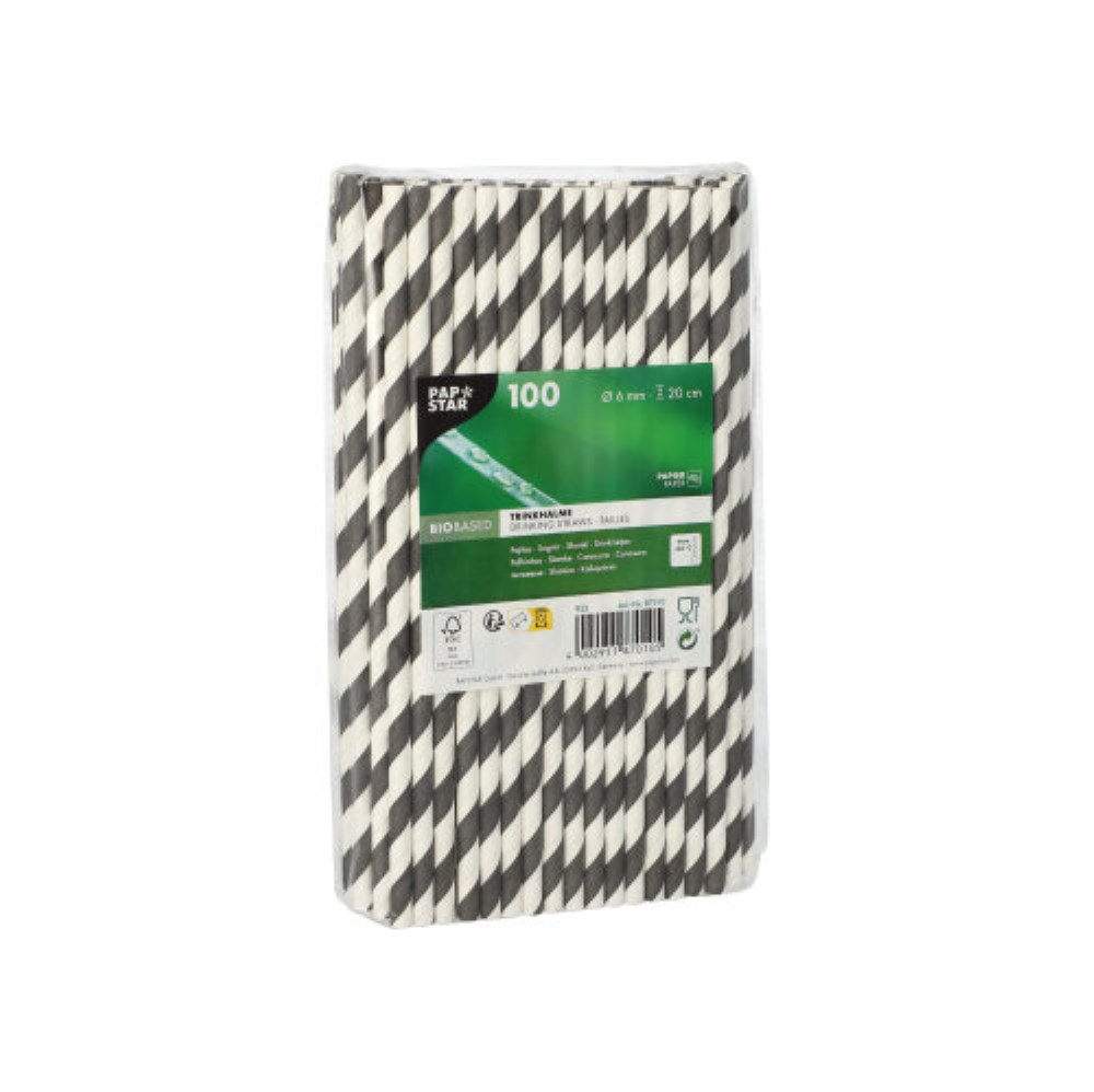 100 Trinkhalme, Papier Ø 6 mm · 20 cm schwarz/weiss "Stripes"