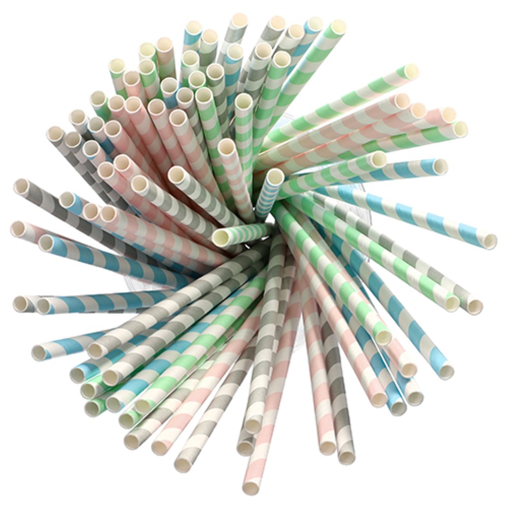 100 Trinkhalme, Papier Ø 6 mm · 20 cm farbig sortiert "Stripes"