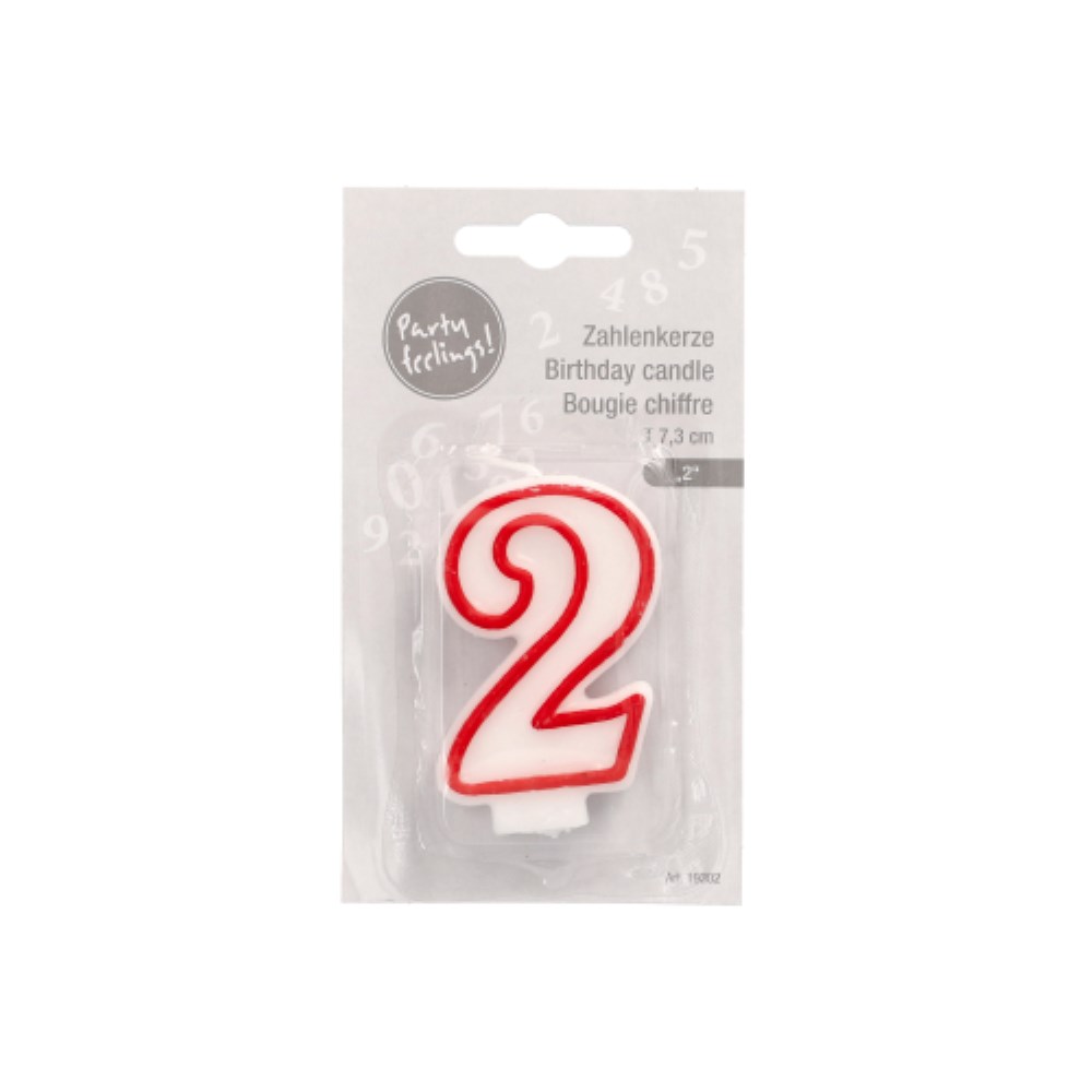 Zahlenkerze 7,3 cm weiss "2" mit rotem Rand