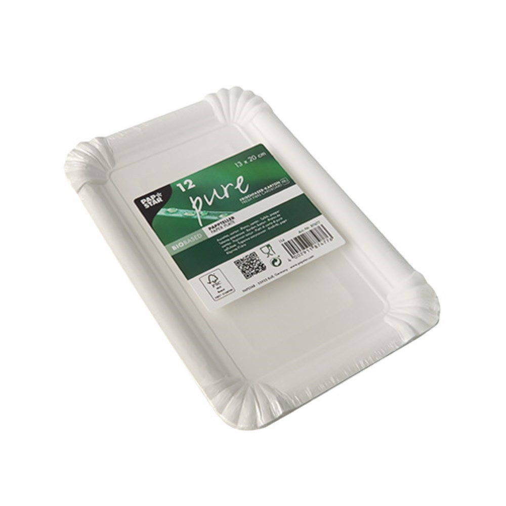 12 Teller, Pappe "pure" eckig 13 cm x 20 cm weiss