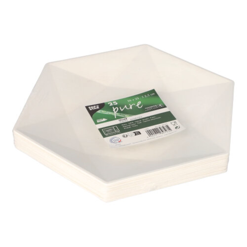 25 Teller Zuckerrohr "pure" 6-eckig 2,5 cm x 26 cm x 23 cm weiss "Diamond"