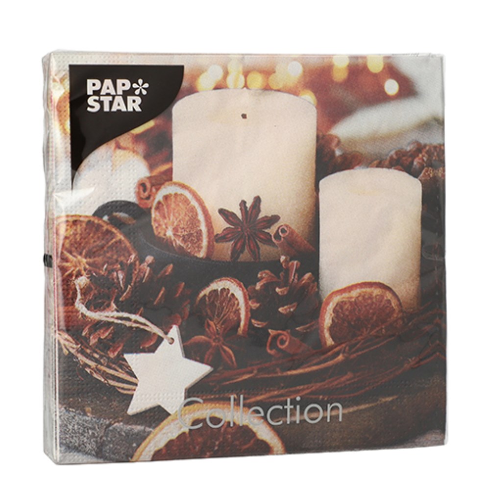 20 Servietten, 3-lagig 1/4-Falz 33 cm x 33 cm "Candles and Pine Cones"