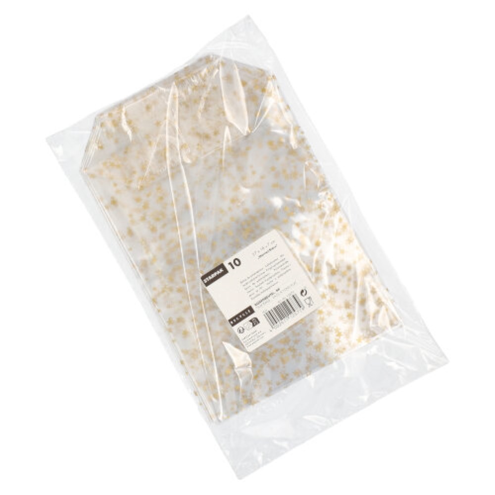 10 Bodenbeutel, PP 27 cm x 18 cm x 7 cm transparent "Sterne, gold"