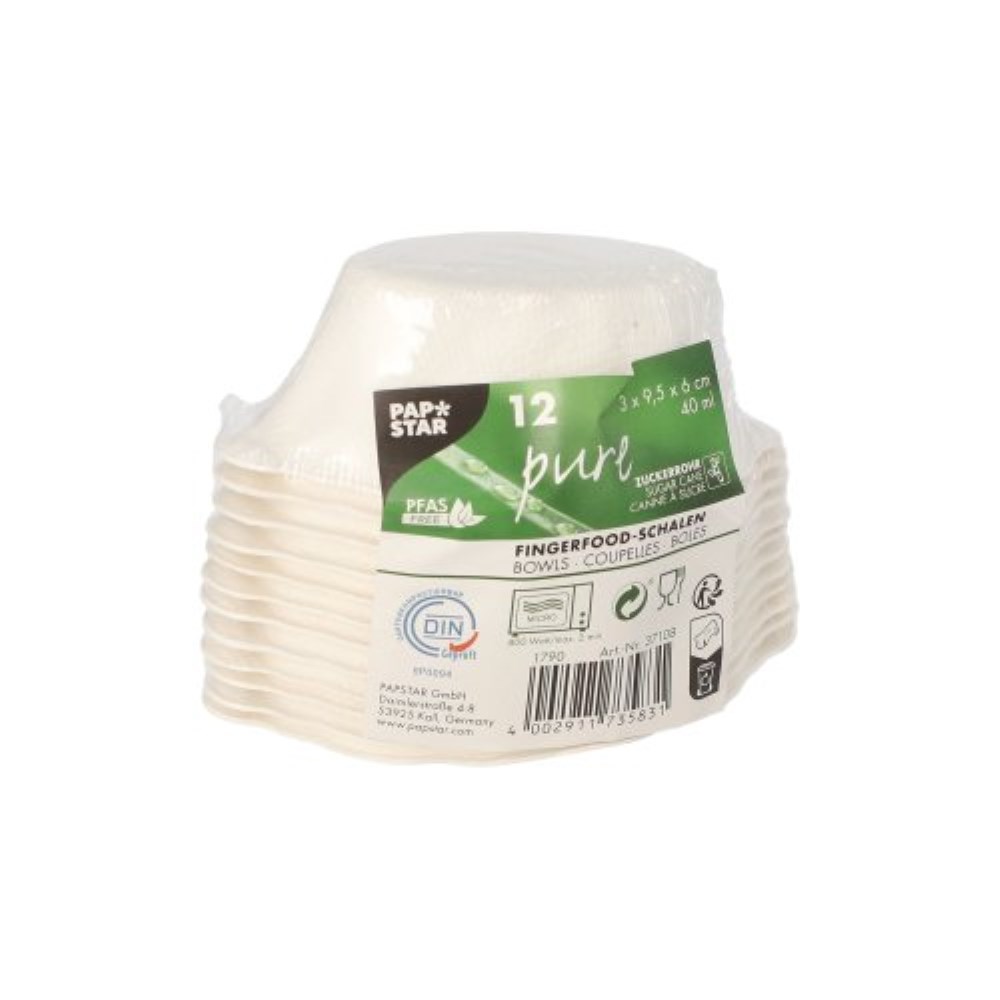 12 Fingerfood - Schalen Zuckerrohr "pure" 40 ml 3 cm x 9,5 cm x 6 cm weiss "Wave"