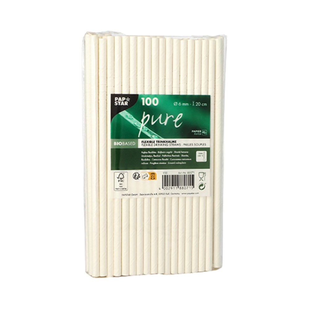 100 Trinkhalme Papier "pure" Ø 6 mm · 20 cm weiss flexibel