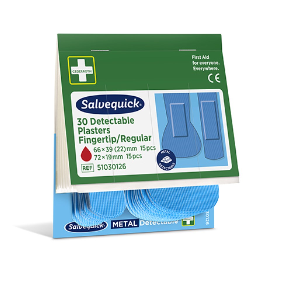 6 Set "Cederroth" Salvequick Detectable Pflaster (2 x 15 Stück) blau Fingertip & Standard, Refill