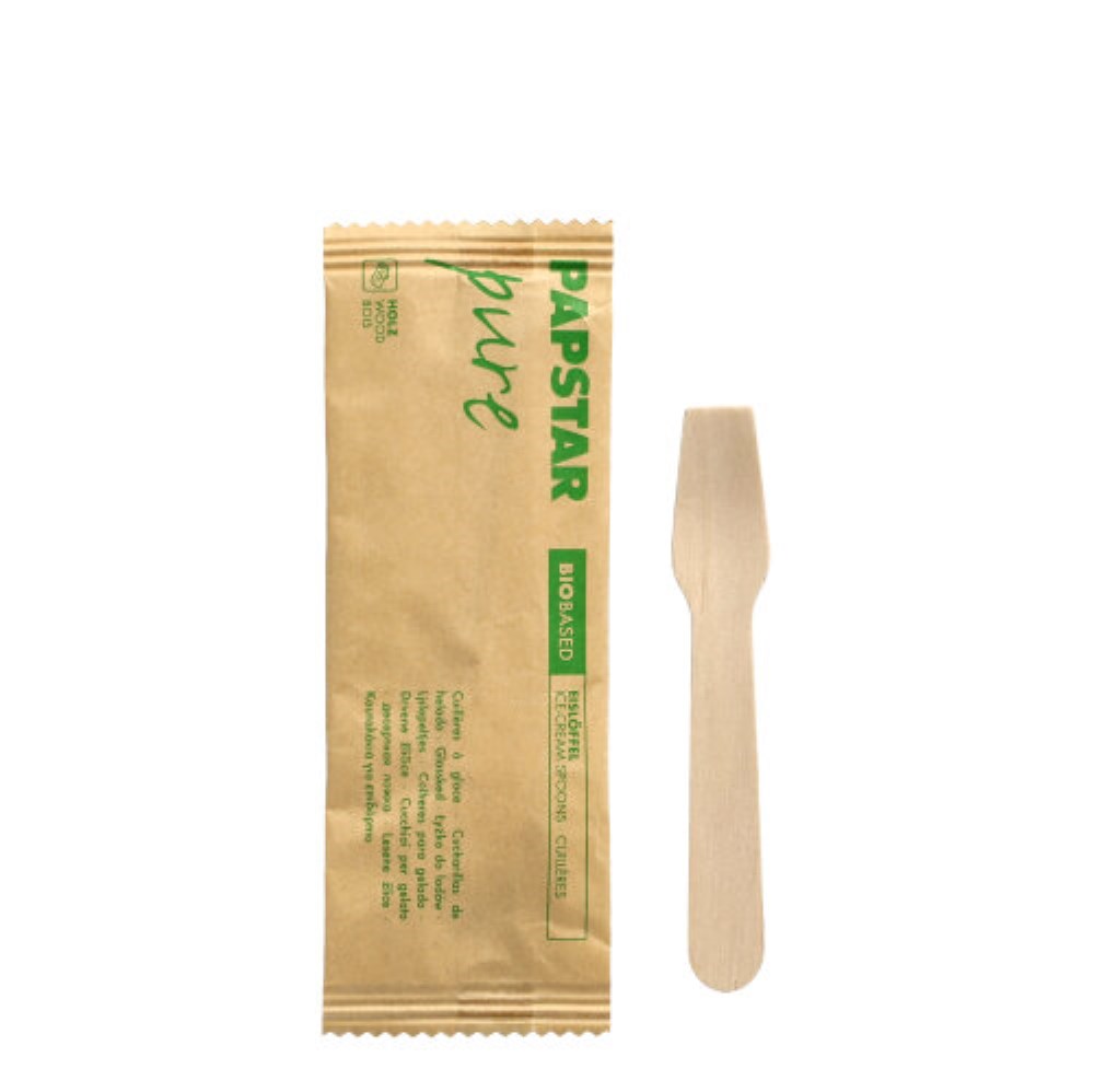 50 Eislöffel, Holz "pure" 9,4 cm einzeln verpackt in Papierbeutel
