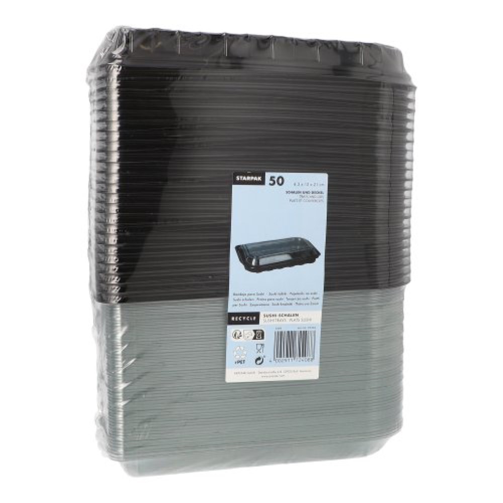 50 Sushi-Schalen R-PET rechteckig 21 cm x 13 cm x 4,3 cm schwarz mit transparentem Deckel