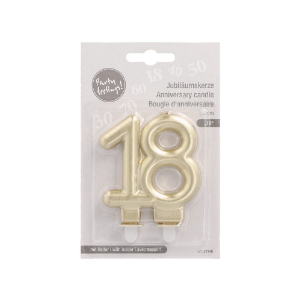Jubiläumskerzen mit Halter 7 cm gold "18"