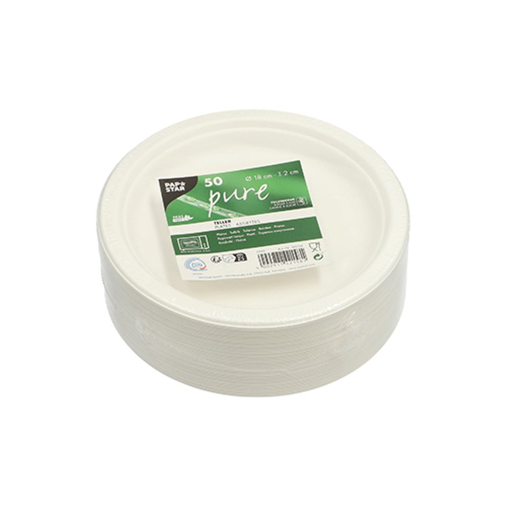 50 Teller, Zuckerrohr "pure" ungeteilt Ø 18 cm · 2 cm weiss