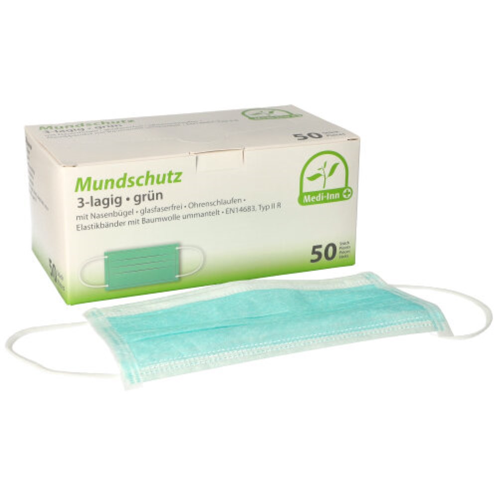 50 "Medi-Inn" Mundschutz Type IIR 3-lagig 9 cm x 17,5 cm grün mit Nasenbügel und Elastikbänder