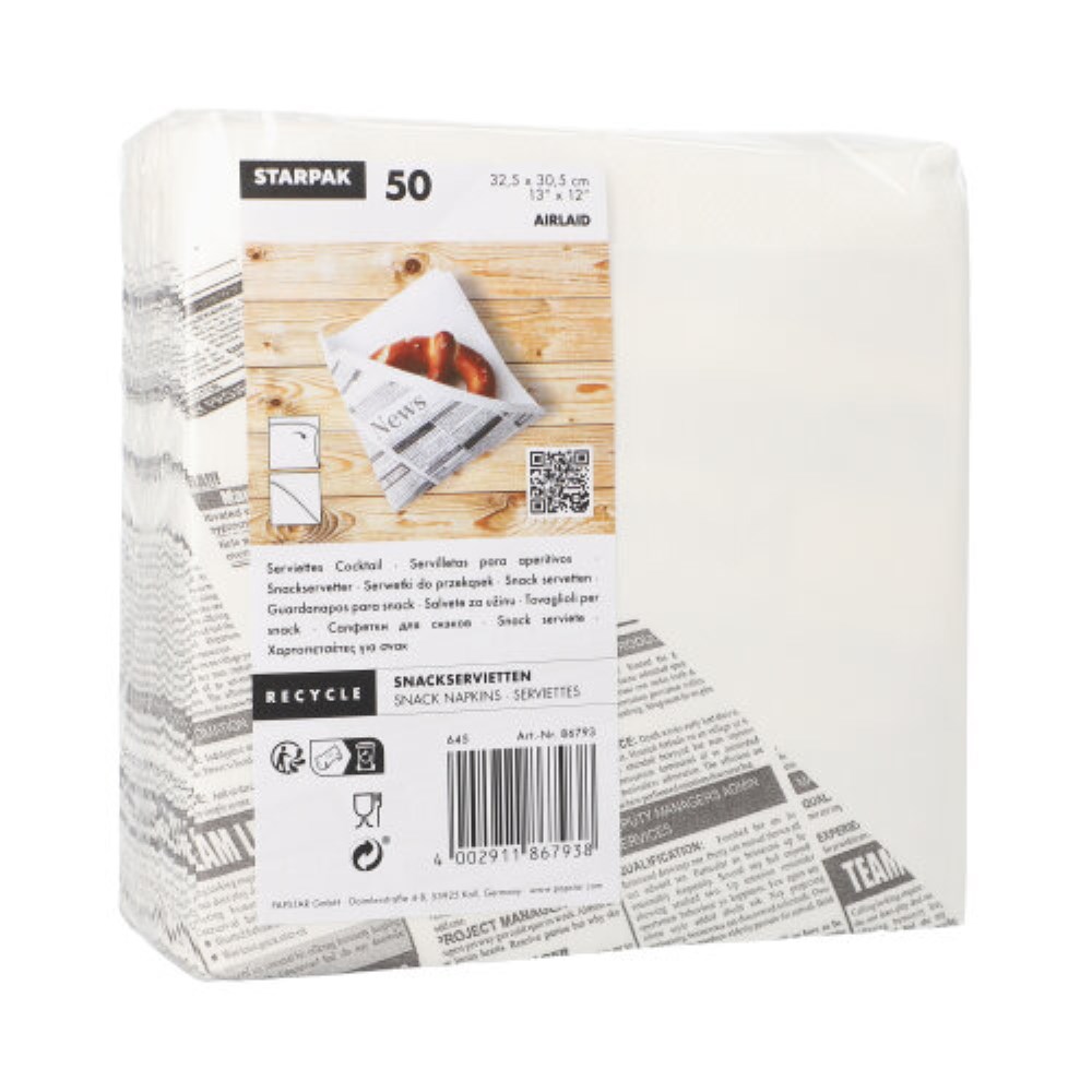 50 Snackservietten, stoffähnlich, Airlaid 1/4-Falz 32,5 cm x 30,5 cm weiss "Newsprint"