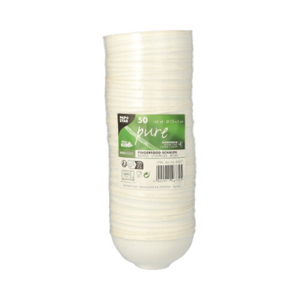 50 Fingerfood - Schalen, Zuckerrohr "pure" rund 65 ml Ø 7,2 cm · 3 cm weiss