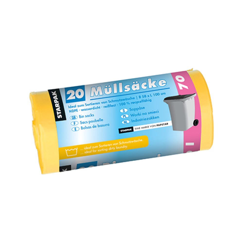 20 Müllsäcke, HDPE 70 l 100 cm x 58 cm gelb 23 my