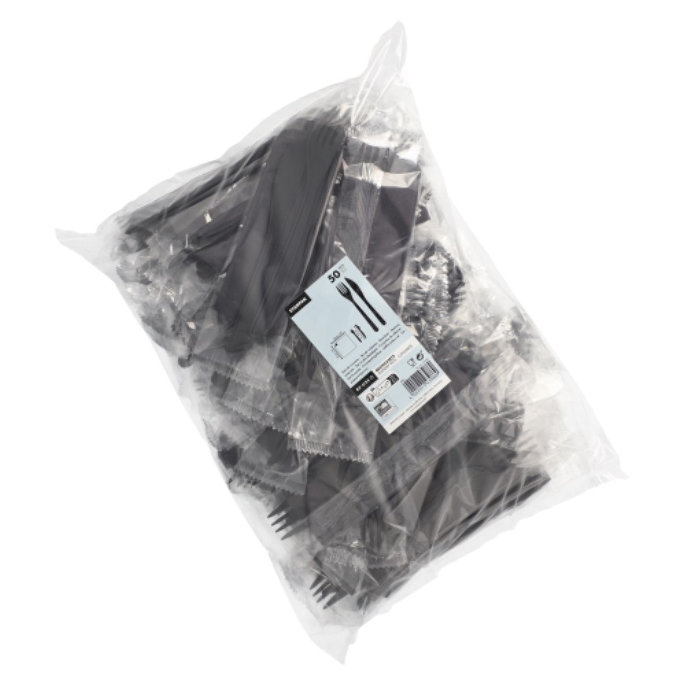 50 Mehrweg-Bestecksets PP-MF 22 cm schwarz : Messer, Gabel, Serviette in Folienbeutel