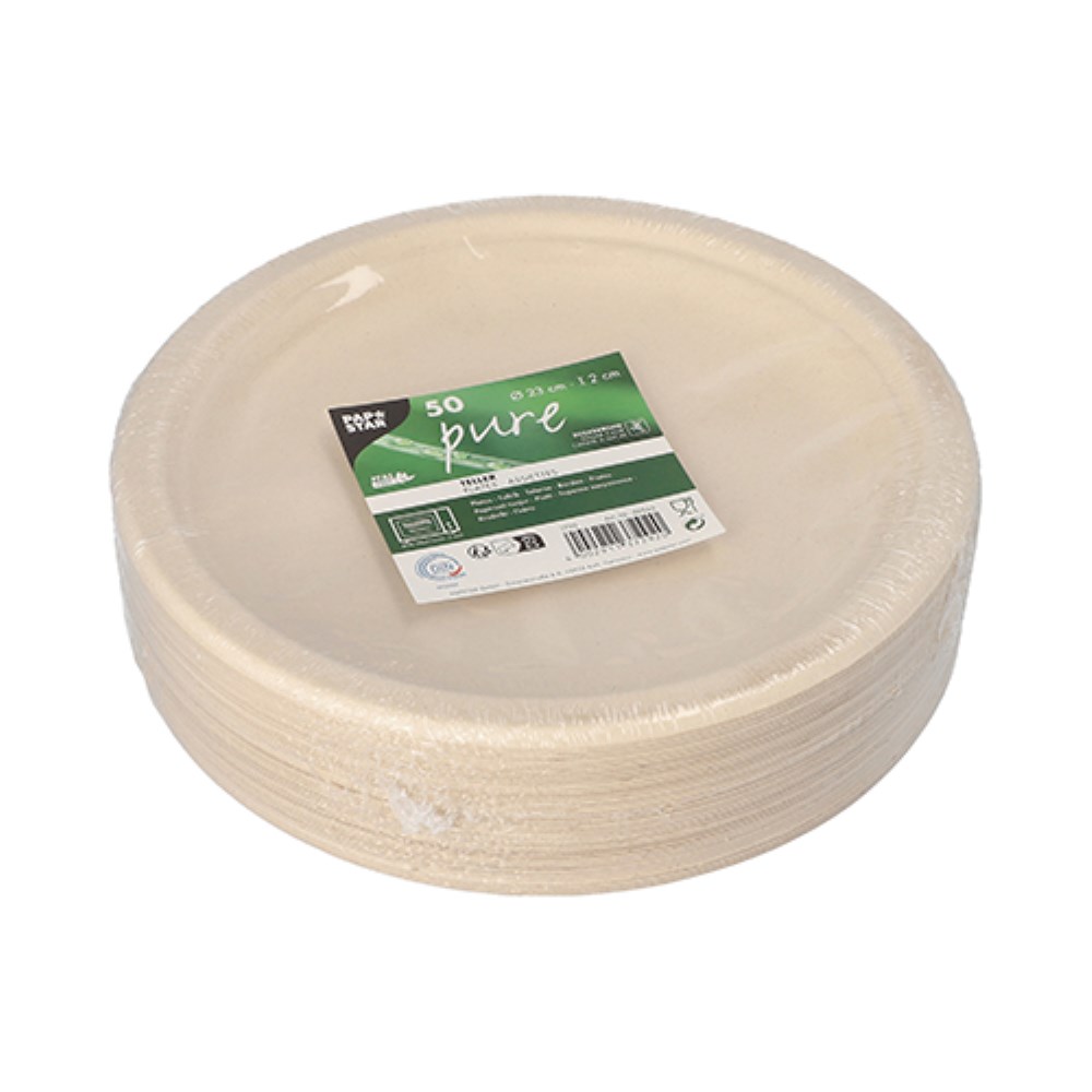 50 Teller, Zuckerrohr "pure" ungeteilt Ø 23 cm · 2 cm natur