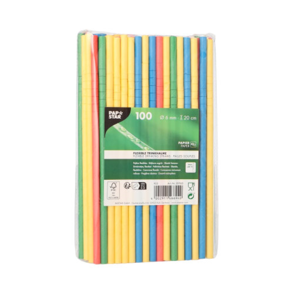 100 Trinkhalme Papier Ø 6 mm · 20 cm farbig sortiert flexibel