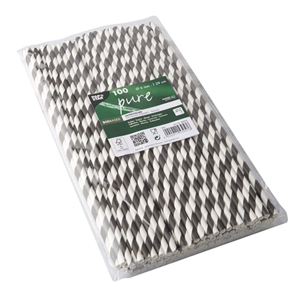100 Trinkhalme, Papier Ø 6 mm · 29 cm schwarz/weiss "Stripes"