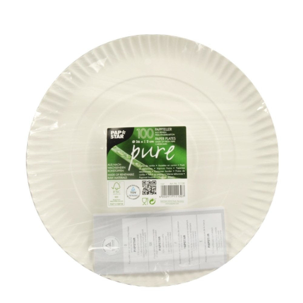 100 Teller, Pappe "pure" rund Ø 26 cm · 2 cm weiss