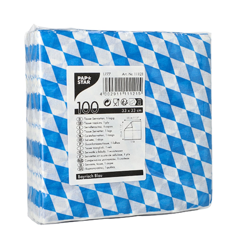 100 Servietten, 1-lagig 1/4-Falz 33 cm x 33 cm "Bayrisch Blau"