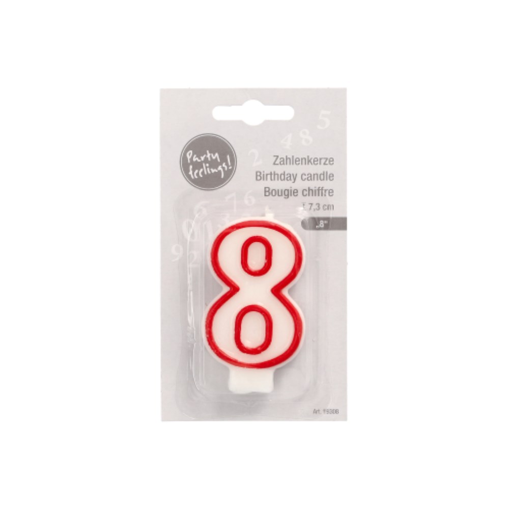Zahlenkerze 7,3 cm weiss "8" mit rotem Rand Zahlenkerze 7,3 cm weiss "8" mit rotem Rand
