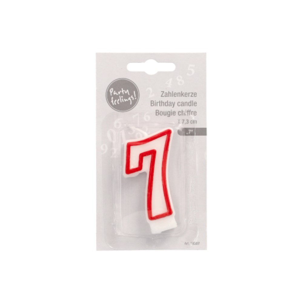 Zahlenkerze 7,3 cm weiss "7" mit rotem Rand