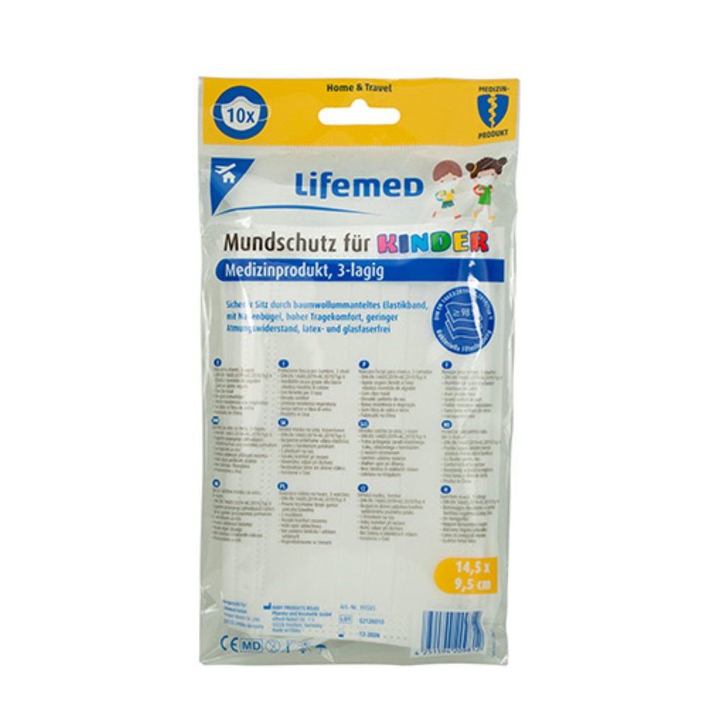 10 "Lifemed" Kinder-Mundschutz 3-lagig 9,5 cm x 14,5 cm farbig sortiert mit Nasenbügel