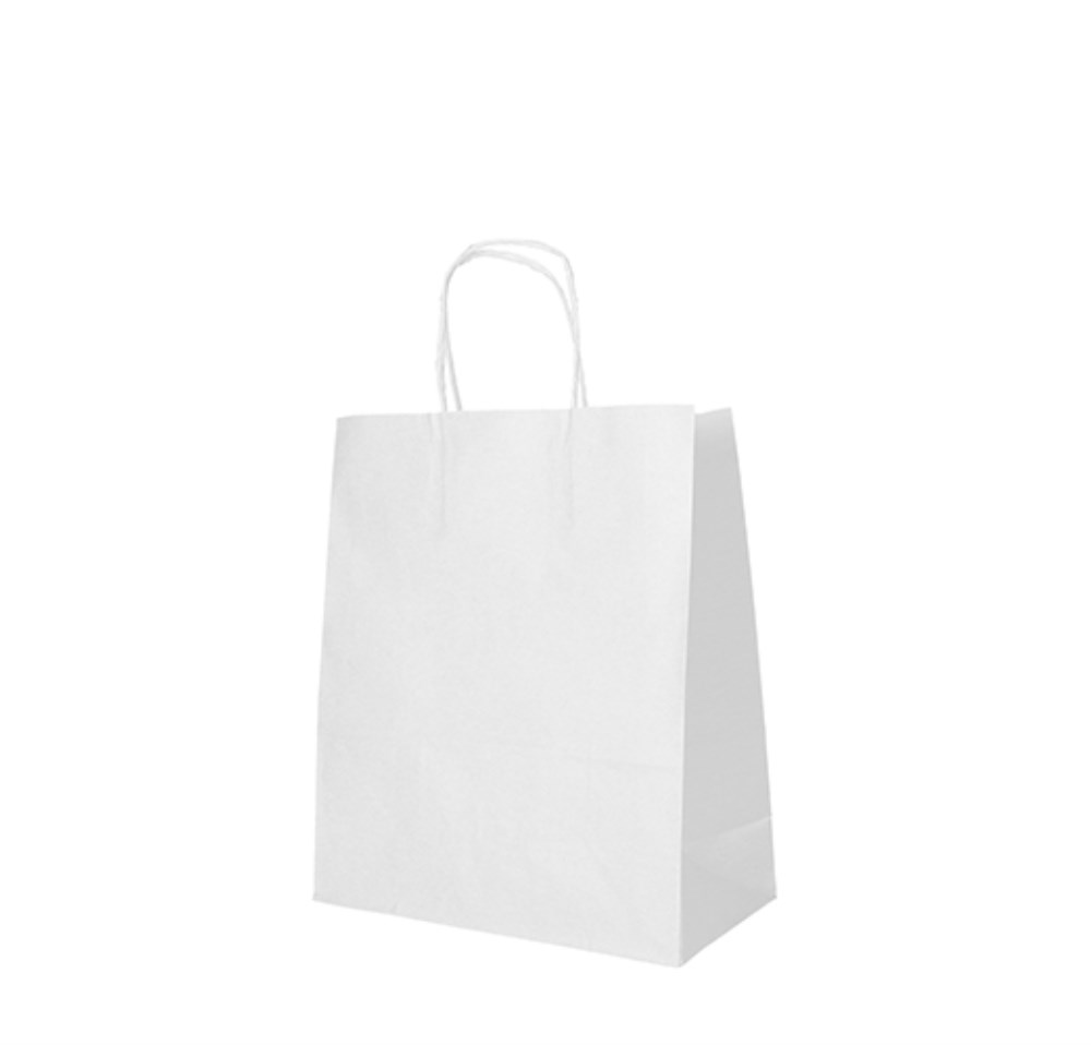 25 Tragetaschen, Papier 28 cm x 22 cm x 10 cm weiss mit gedrehtem Tragegriff 25 Tragetaschen, Papier 28 cm x 22 cm x 10 cm weiss mit gedrehtem Tragegriff