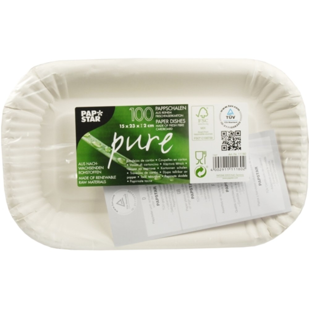 100 Schalen, Pappe "pure" eckig 15 cm x 23 cm x 2 cm weiss