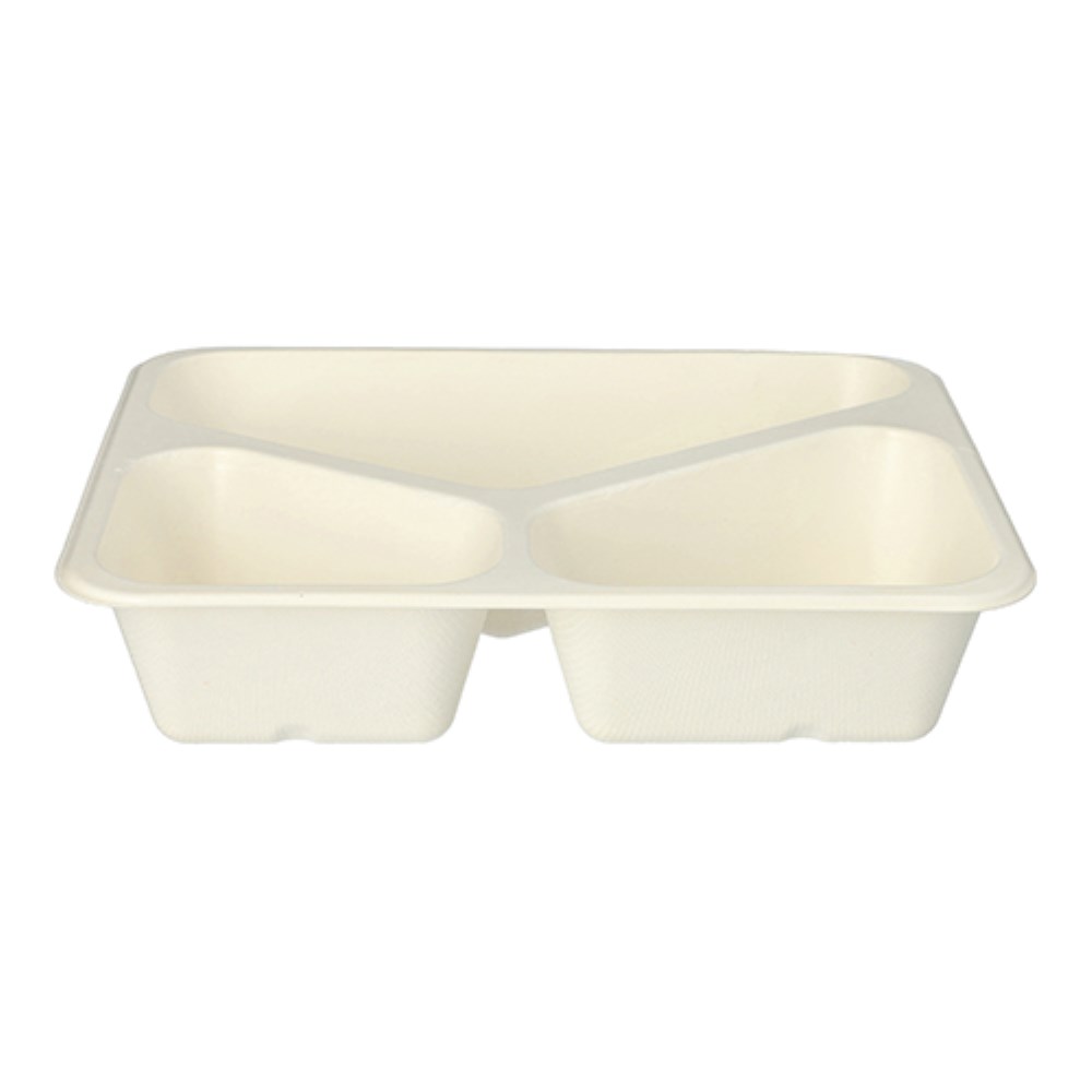 50 Siegelschalen Zuckerrohr 3-geteilt 1000 ml 4,9 cm x 22,7 cm x 17,8 cm weiss
