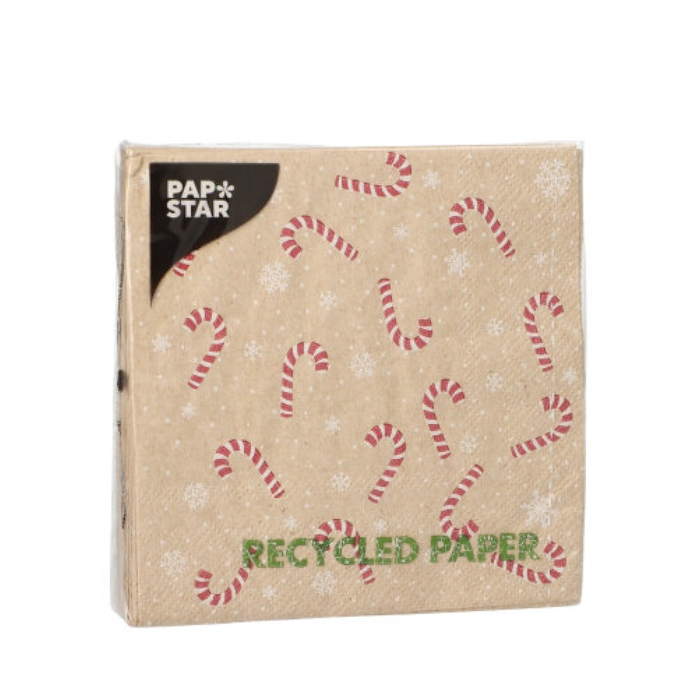 20 Servietten, 3-lagig 1/4-Falz 25 cm x 25 cm natur "Candy Canes" aus recyceltem Papier