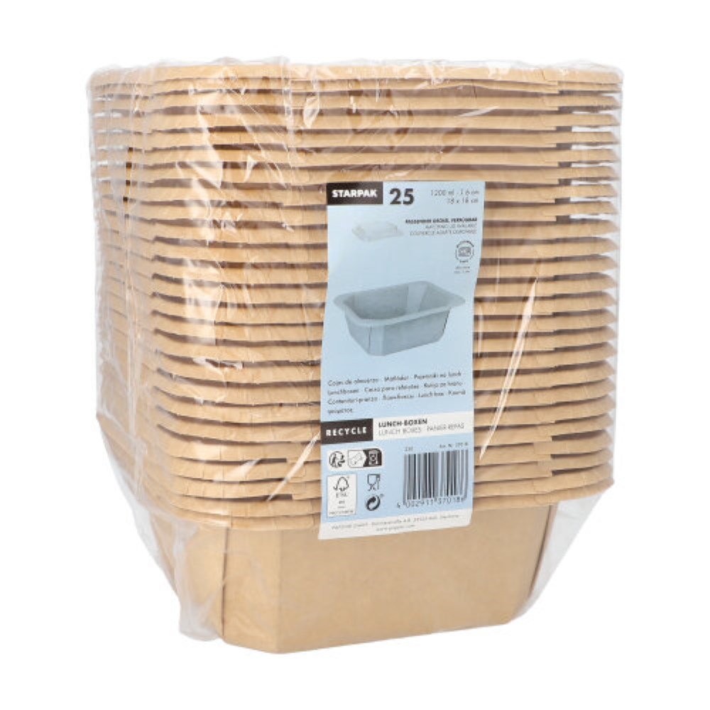 25 Lunchboxen, Pappe eckig 1200 ml 6 cm x 18 cm x 18 cm braun