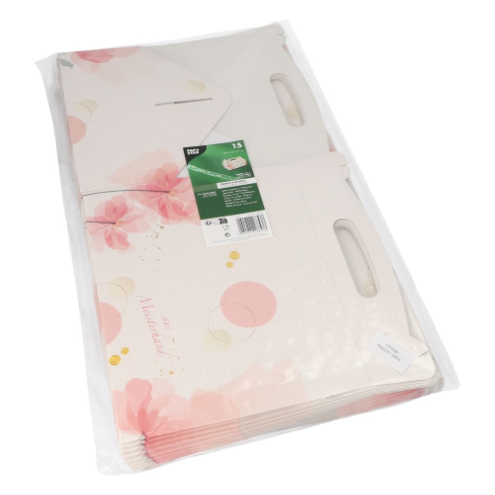 15 Gebäck-Kartons, Pappe eckig 26 cm x 22 cm x 9 cm rosé mit Tragegriff