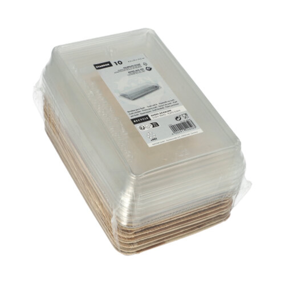 10 Sushi-Schalen Palmblatt eckig 200 ml 4,4 cm x 22 cm x 14,2 cm natur mit rPET Deckel "Kombipack" 10 Sushi-Schalen Palmblatt eckig 200 ml 4,4 cm x 22 cm x 14,2 cm natur mit rPET Deckel "Kombipack"