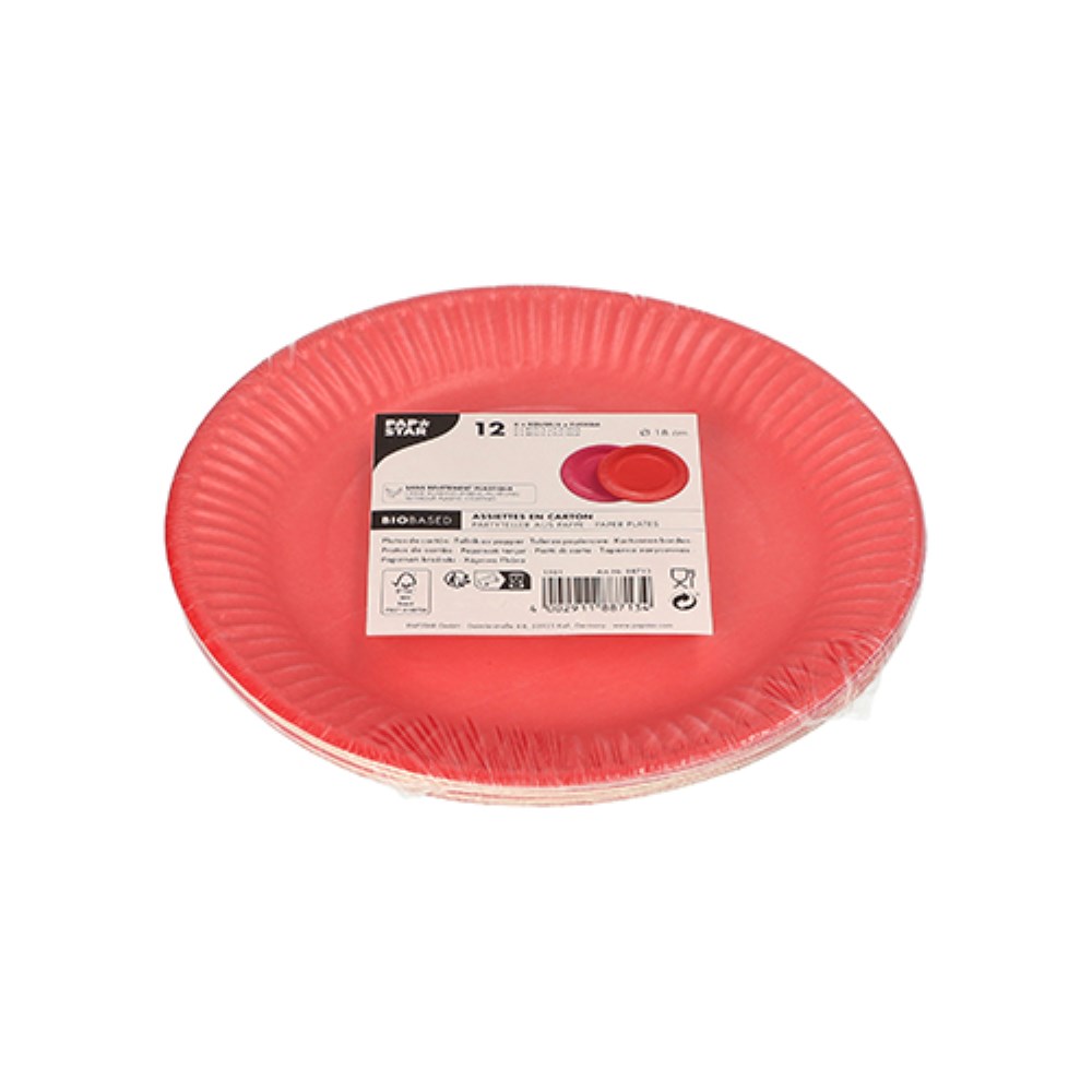 12 Teller, Pappe rund Ø 18 cm farbig sortiert - rot/fuchsia