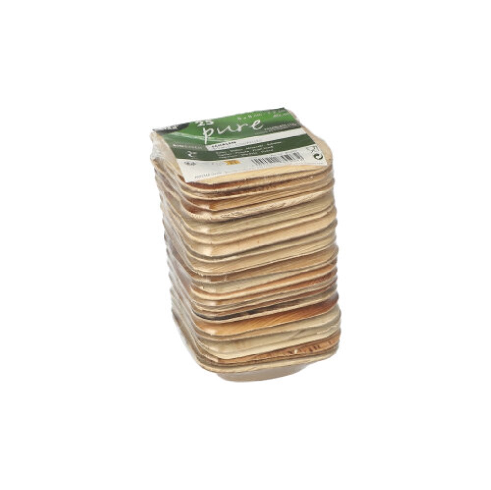 25 Schalen, Palmblatt "pure" eckig 40 ml 8 cm x 8 cm x 2 cm 25 Schalen, Palmblatt "pure" eckig 40 ml 8 cm x 8 cm x 2 cm