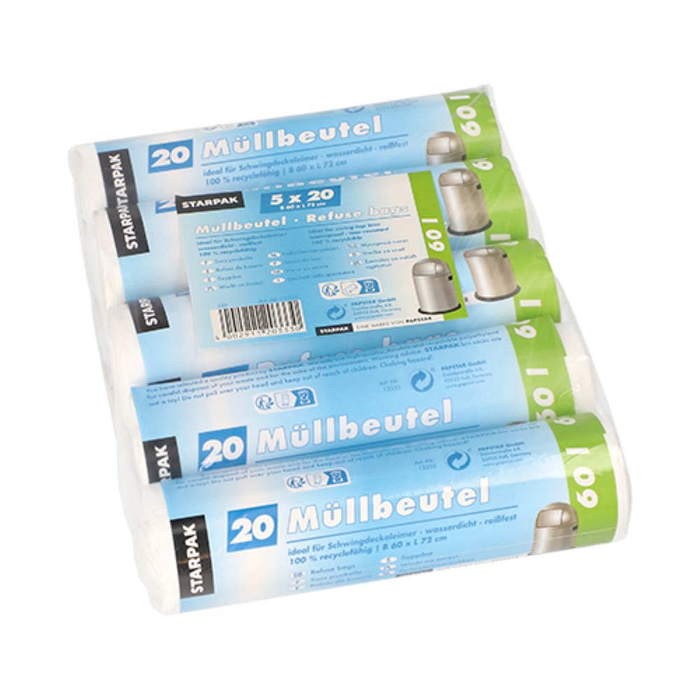 100 Müllbeutel, HDPE 60 l 72 cm x 60 cm weiss 10 my